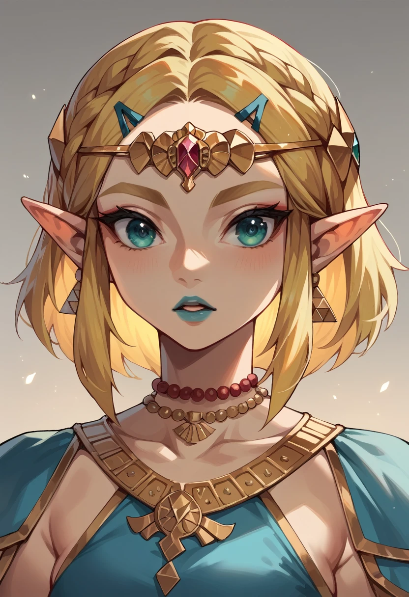 princess zelda as riju, blue lips, blonde, short hair, oasis backround