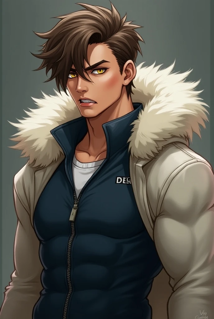 anime guy with a cigarette in his mouth and a jacket on, handsome guy in demon slayer art, anime portrait of a handsome man, young anime man, trigger anime artstyle, tall anime guy with blue eyes, male anime character, anime style character, Afro-Asian male, dark skin, black hair with dark brown hair streaks,  sunglasses on forehead , scar on right cheek, dark blue eyes, black camo hoodie with fur hood