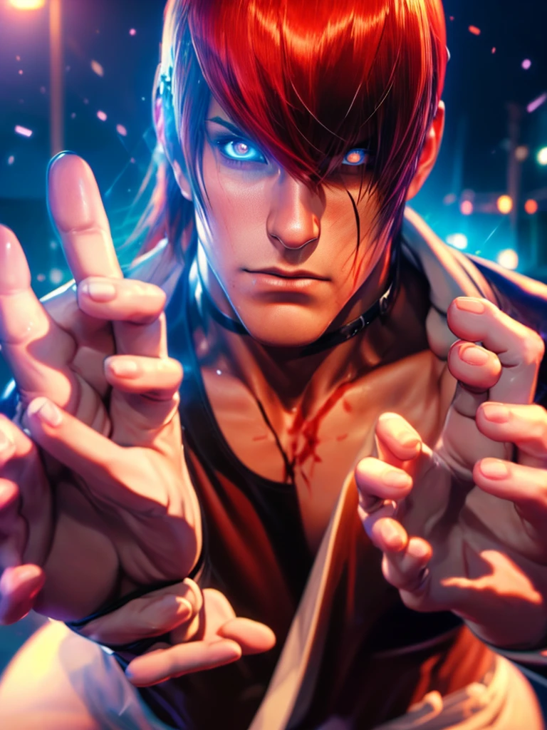 30-year-old man, alone, alone, athletic, the clothes he wears are dirty and torn, video game character, The King of Fighters, Iori Yagami, blue fire, moonlight, eyes blank, has a gesture of dementia, angry, enraged, has blood on his hands, beautiful character design, perfect face, looks at the viewer (focusing on the entire character), mouth open in fury, Light_Smile, official art, background 8k CG display, extremely detailed unit, perfect lighting, bright and colorful front lighting, glowing skin (masterpiece: 1.0), (best quality: 1.0), ultra-high resolution, 4K, ultra-detailed photography, 8K, HDR, high resolution, nonsense: 1.2, Kodak portra 400, film grain, background blur, bokeh: 1.2, lens flare, (vibrant_color: 1.2), professional photography, (beautiful_face: 1.5), (narrow waist)
