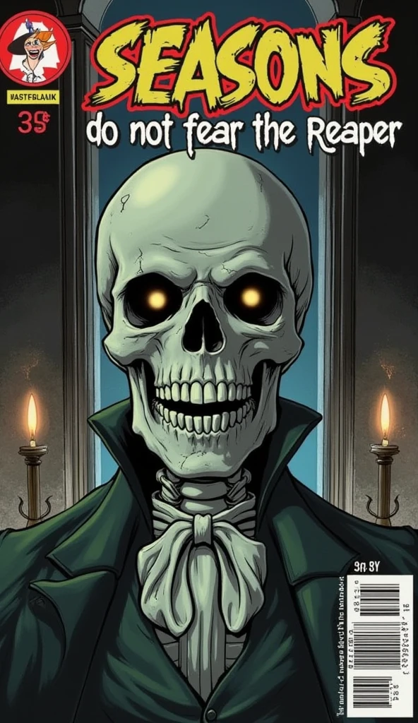 A comic book cover inspired by vintage horror comics from the 1950s-1970s, using a limited palette of cream, grey, and vantablack for an eerie and dramatic look. At the center, an extreme close-up of a gentleman skeleton, dressed in a tattered, high-collared Victorian suit with subtle sci-fi elements. His smile is elegant yet haunting, and his deep eye sockets glow faintly, radiating a sense of deadly allure. Bushy, exaggerated eyebrows sit above the sunken eyes, intensifying his gaze. Around him, wind blows through open doors, and candles flicker before disappearing, leaving nothing but shadows. The curtains billow violently, hinting at supernatural forces at work. The scene evokes a sense of tragic romance, as if a figure from the beyond has arrived to take someone’s hand for their final journey.

In the background, hints of a foggy street or an abandoned manor emerge through swirling mist. Shadows stretch unnaturally, as if alive, creating a sense of dread. The composition is hyper-detailed, with every crack in the skull, fold of fabric, and flicker of light meticulously drawn.

The title at the top reads "SEASONS DO NOT FEAR THE REAPER" in jagged, irregular lettering that seems to drip with darkness. A small tagline underneath teases: “He had taken her hand... and they both began to fly.” In the top-left corner, the issue is marked "NO. 13", with a price of 35¢. A distressed barcode sits in the bottom-right corner, blending into the dark shadows of the cover. The overall aesthetic combines dnddarkestfantasy and ne0nfant4sy, with maximum detail and dramatic contrasts, capturing the mood of a haunting final farewell.