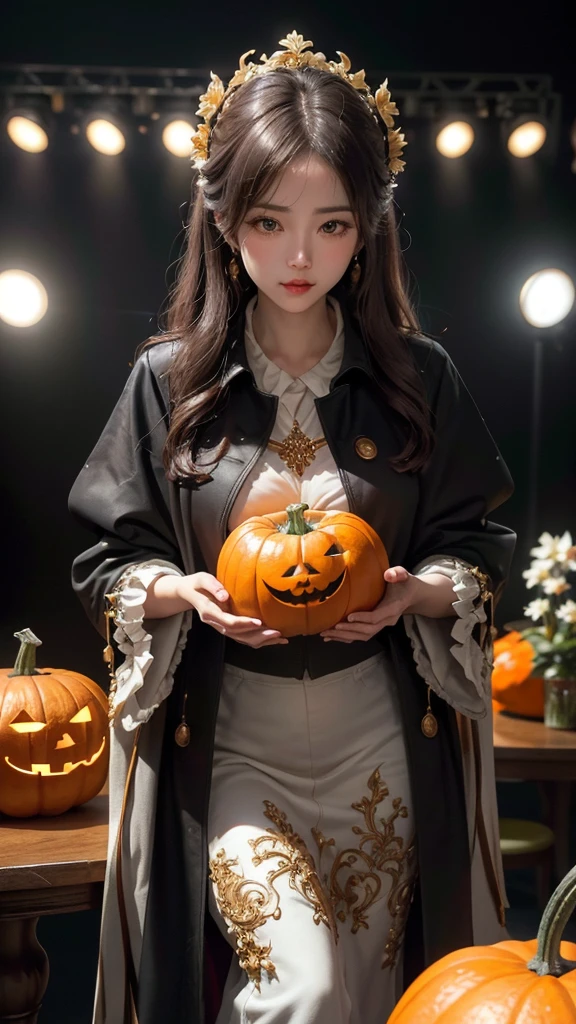 ( Cute Girl Carved with a Big Pumpkin：1.1），（whole body）， Beautiful Long Haired Girl ， Retro Coat Long Skirt ，16k，orange，peace of mind，  Honest Dining Table Background ， Fruit Carving ， Food Sculpture ，Three-dimensional sculpture，Stage Art ， Food Sculpture デザイン， close, Rotated, Rococo style, classicism,  depth of field, 超 High Resolution , masterpiece, Accurate,   Super Details ,  Growing from a High Place ,  high quality,  Award-winning,  best quality,  High Resolution , 16k，Soft Light Illumination，カボチャの顔