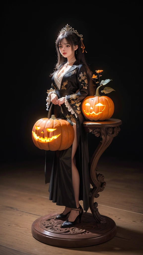 ( Cute Girl Carved with a Big Pumpkin：1.1），（whole body）， Beautiful Long Haired Girl ， Retro Coat Long Skirt ，16k，orange，peace of mind，  Honest Dining Table Background ， Fruit Carving ， Food Sculpture ，Three-dimensional sculpture，Stage Art ， Food Sculpture デザイン， close, Rotated, Rococo style, classicism,  depth of field, 超 High Resolution , masterpiece, Accurate,   Super Details ,  Growing from a High Place ,  high quality,  Award-winning,  best quality,  High Resolution , 16k，Soft Light Illumination，カボチャの顔