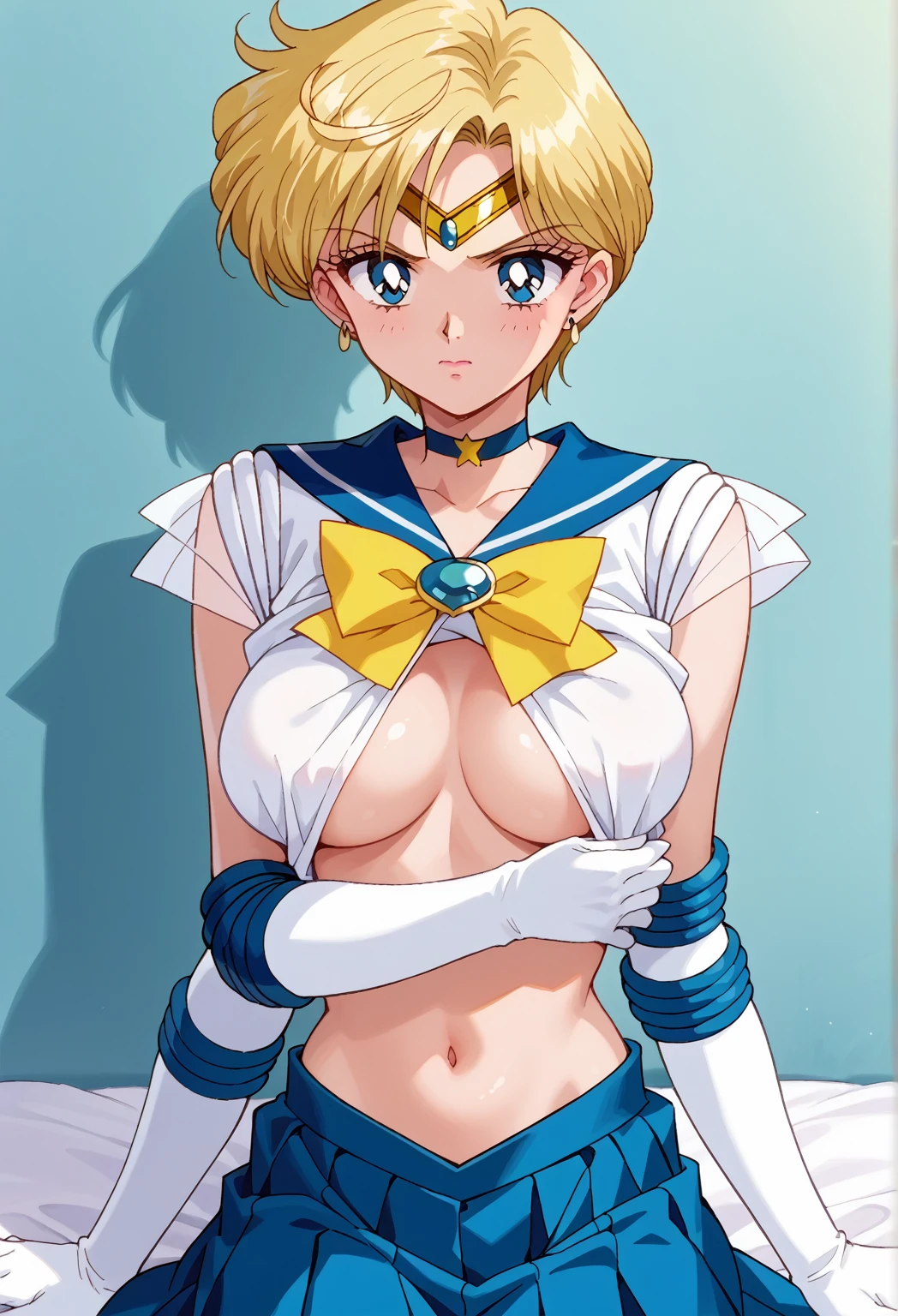 score_9, score_8_up, score_7_up, score_6_up, score_5_up, score_4_up, rating_questionable, source_anime, digital illustration, pixiv, official art, BREAK nsfw, 1 girl, cute, solo, Haruka Tenou, blonde hair, blue eyes, parted bangs, short hair, very short hair, (large breasts), blue choker, blue gemstone, blue sailor collar, yellow bow, yellow bowtie, circlet, earrings, gem, jewelry, blue skirt, miniskirt, pleated skirt, short white shirt, sleeves, elbow gloves, white gloves, (undressing, shirt  lift, clothes lift), upper body, sitting, (beautiful breasts, beautiful skin), sailor uranus, 