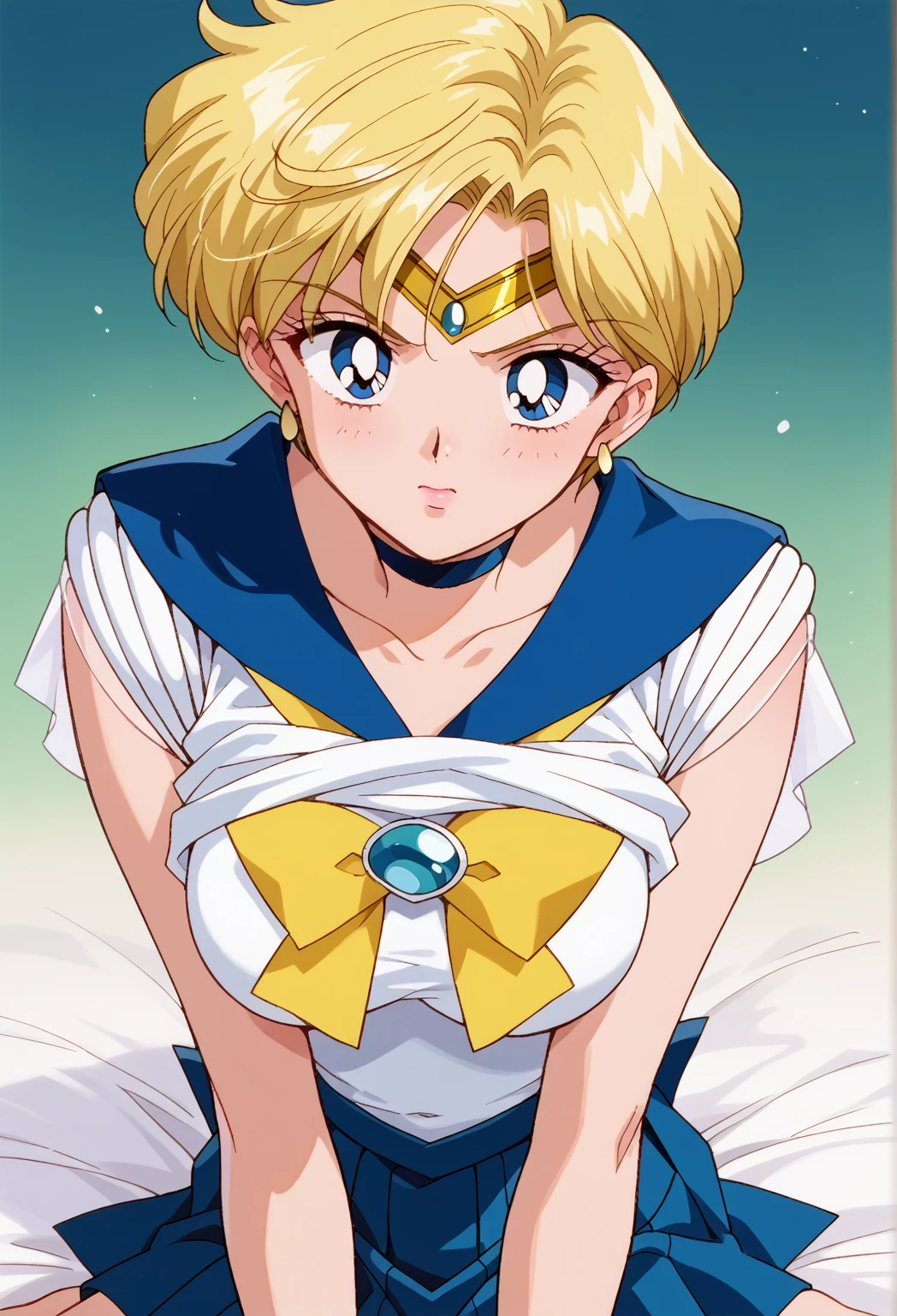 score_9, score_8_up, score_7_up, score_6_up, score_5_up, score_4_up, rating_questionable, source_anime, digital illustration, pixiv, official art, BREAK nsfw, 1 girl, cute, solo, Haruka Tenou, blonde hair, blue eyes, parted bangs, short hair, very short hair, (large breasts), blue choker, blue gemstone, blue sailor collar, yellow bow, yellow bowtie, circlet, earrings, gem, jewelry, blue skirt, miniskirt, pleated skirt, short white shirt, sleeves, elbow gloves, white gloves, (undressing, shirt  lift, clothes lift), upper body, sitting, (beautiful breasts, beautiful skin), sailor uranus, 