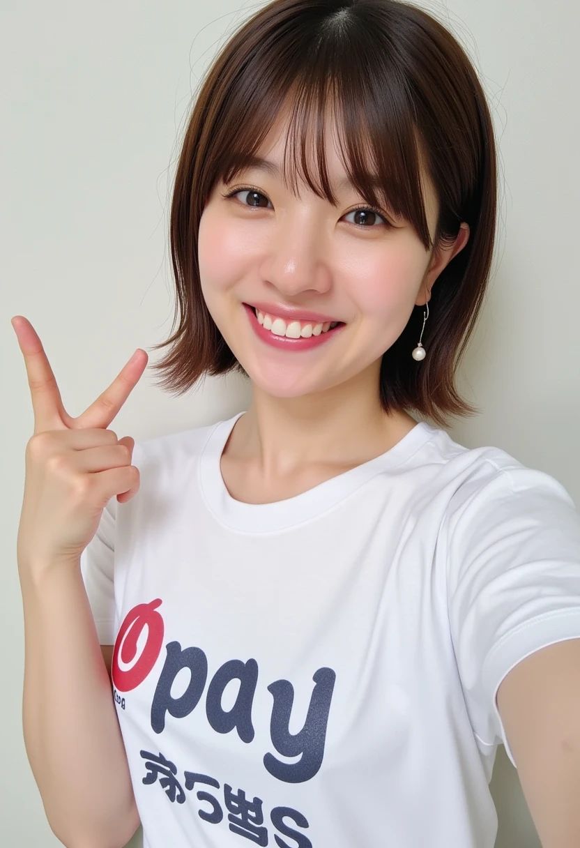 high resolution photo of a Japanese woman, highest quality, 32K, masterpiece, realistic, realistic photo, intricate details, highly detailed, highly detailed, highly detailed, sharp focus, professional lighting, detailed face, beautiful eye details, beautiful pupils, sophisticated nose , bright skin, smooth textured skin, wide smile, teeth bared, (t-shirt saying "Opay!"), (showing back of hand and middle finger up:1.5), perfect anatomy,