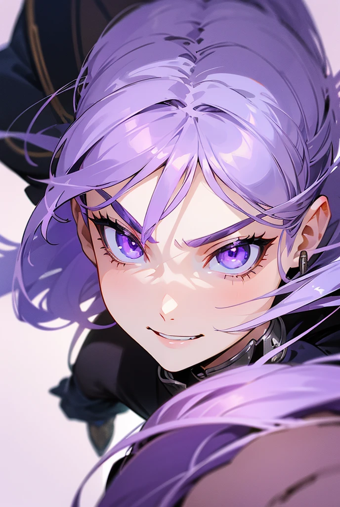 1 man with bright purple white hair radiant eyes sad facial expression long eyelashes, cabelo curto, vestindo moletom preto, fundo muito alta tecnologia futurista cidade tema preto e roxo, vista lateral vento soprando cabelo, close-up Ver, high angle view