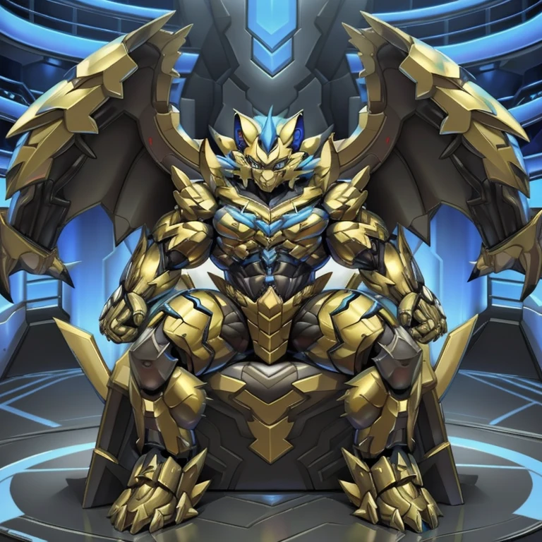 (ZERAORA, 8K), (Zeraora's giant robot, Powered exoskeleton with the same design as Zeraora), (Masterpiece, highres) (Detailed head, Detailed Body, Detailed abs, full body) (gigantic muscles, Gigachad Muscular, big muscle, pecs, triceps, traps, unusually developed muscular body, body full of huge muscles. showing off muscles, pectorales enormes, Exaggeratedly huge muscles.) (nj5furry, The claws are sharp, Sharp teeth, sharp claws), (long legs), (Spread wings, It has wings, have big wings, golden wings), (Wrestling, wrestler, the bodybuilding), (It has wings, whole body shines like metal, Wearing cyberpunk mecha, emphasizes the muscles, suit fully made of metal, intricate armor, Robotic suit, suit fully made of metal, cyborg), menacing pose, sitting on the throne, An arrogant expression. destroying city.