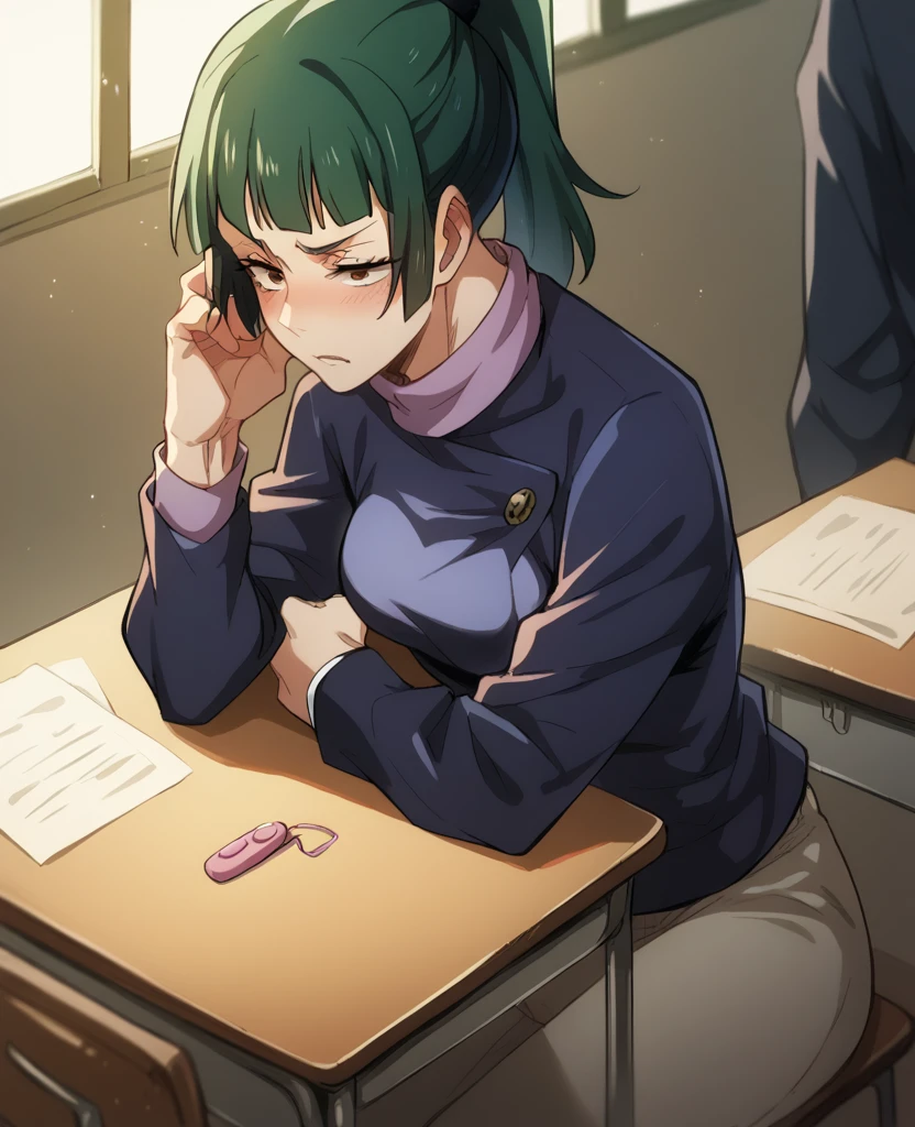 maki hiding that she is using a vibrator in her pussy under her pants while studying at the classroom table