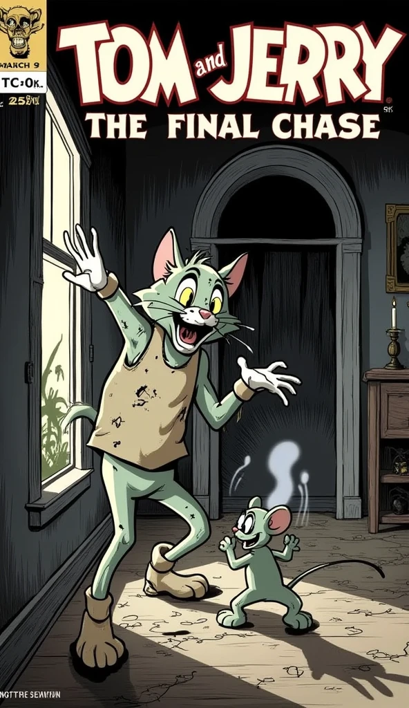 A comic book cover in the style of 1950s-1970s horror comics, featuring Tom and Jerry reimagined in a dark, unsettling tone. The scene shows Tom as a skeletal, gaunt cat with wild, hollow eyes, wearing a tattered vest, while Jerry is a ghostly mouse with glowing eyes and a mischievous, sinister smile. They are locked in a disturbing game of cat and mouse inside a creepy, decaying Victorian house. Tom’s claws extend unnaturally long, scratching the walls, while Jerry scurries through cracks, leaving eerie trails of mist.

The colors are a blend of cream, grey, and vantablack, with sharp contrasts to highlight the nightmarish setting. Shadows stretch across the floor and walls as if alive, and faint hints of cobwebs and broken furniture are scattered in the background. A gust of wind blows through a broken window, making curtains fly wildly, while flickering candles cast unsettling light across the scene.

The title at the top reads “TOM & JERRY: THE FINAL CHASE” in ragged, dripping letters. Beneath it, a tagline teases: “No more games... only fear.” The issue is labeled “NO. 9” in the top-left corner, with a price of 25¢. A distressed barcode sits in the bottom-right corner, blending with the shadows. The overall aesthetic evokes dnddarkestfantasy and vintage horror, with jagged lines, eerie mist, and exaggerated expressions capturing the unsettling tension of their final chase.