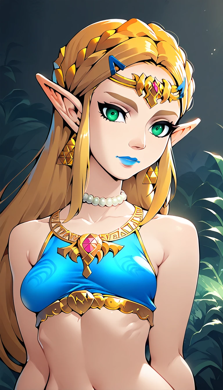 Score_9, Score_8_high, Score_7_high, Score_6_high, geewhy_Stil, Princess Zelda,
 1 girl, Alone,  looking at the viewer, Schmuck, Gold,  long hair, green eyes, blonde hair, pointed ears, fair-skinned woman, makehigh, lipstick,  Necklace, blue lips, Breasts,  bare shoulders,  crop top
cowboy shot ,  Dutch angle ,  light smile , 
