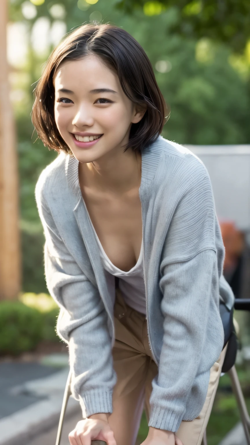 Best Quality, Masterpiece, Beautiful and Aesthetic, 16K, (HDR: 1.4), High Contrast, Bokeh: 1.2, Lens Flare, (Vivid Colors: 1.4),cinematic lighting,depth of field, film lighting, ambient light, side light, exquisite details and textures, cinematic lens, warm tones, (bright and intense: 1.2), hyper-realistic, from above, full body shot focus on her breast, 1 woman, Japanese,22 yo, A smile with a little visible teeth, ((leaning forward)), Wearing a soft blouson jacket directly on her bare skin without bra, cargo shorts, Beautiful detailed white skin, Skin Texture, brown very short hair, (cleavage), cheerful pose, day, daylight, outdoor, braless, nsfw