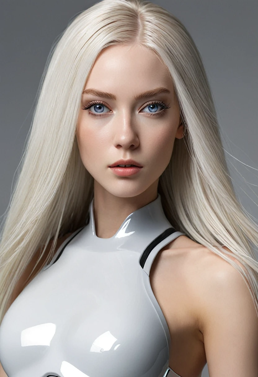 (Ultra Real), (figure), ( High resolution ), (8k), ( Very detailed ), (Best figure), ( detailed and beautiful eyes ), (  highest quality ), (super detailed), ( masterpiece), ( wallpaper ), ( detailed face),  This artwork must be hyper-realistic ,   capturing every detail with impressive clarity , Imagine uma clone trooper feminina, albino hair, Hair floating in the air, hair straight and long,  with a slender physique of a tall model, attractive and toned body , shiny gray black skin, sideways body at a horizontal angle . 