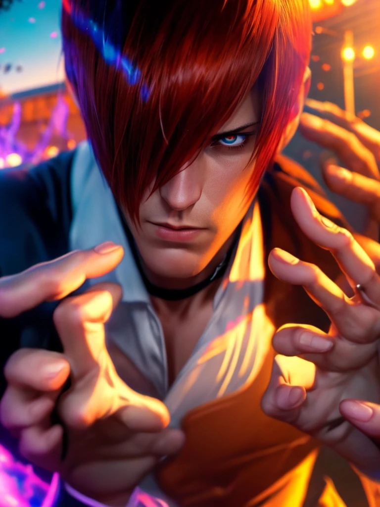 30 year old man, alone, alone, athletic, video game character, The King of Fighters, Iori Yagami, blue fire, moonlight, blank eyes, has dementia gesture, angry, enraged, has blood on his hands, beautiful character design, perfect face, looks at viewer (focusing on entire character), mouth open in fury, Light_Smile, official art, background 8k CG display, extremely detailed unit, perfect lighting, bright and colorful front lighting, glowing skin ( masterpiece: 1.0), (best quality: 1.0), ultra-high resolution, 4K, ultra-detailed photography, 8K, HDR, high resolution, nonsense: 1.2, Kodak portra 400, film grain, blurred background, bokeh: 1.2, lens flare , (vibrant_color: 1.2), professional photography, (beautiful_face: 1.5), (narrow waist)
