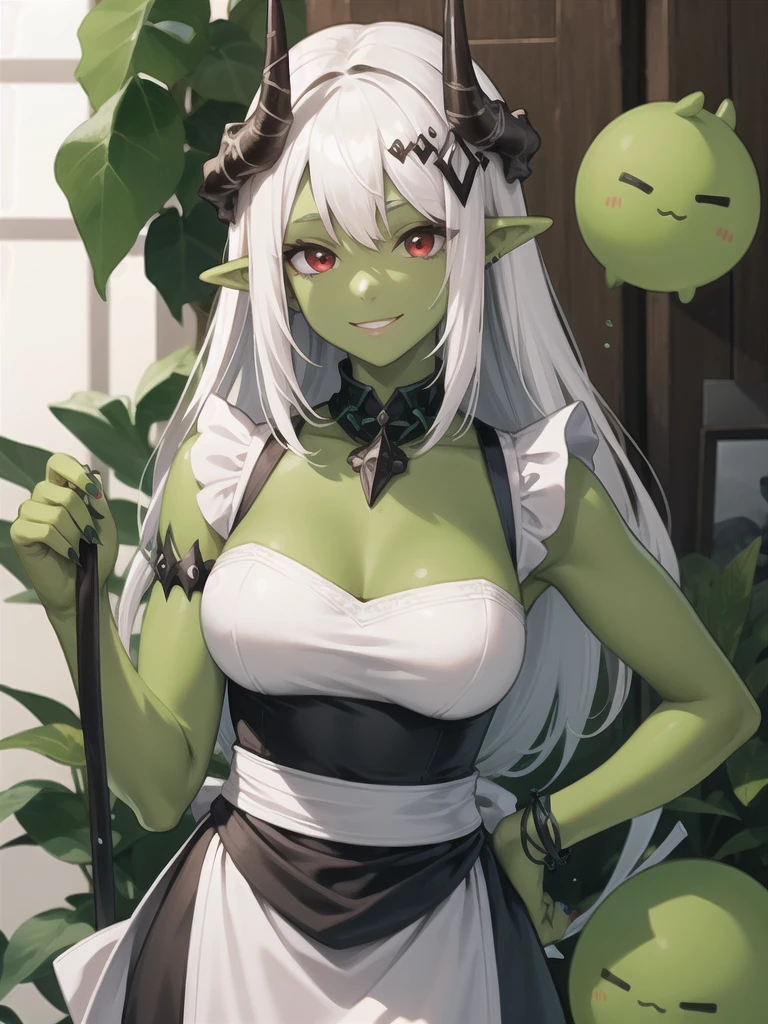 1 Girl, Miss, Mudstone (Ark of Tomorrow), Red Eyes,  alone, There is only one person， Long hair, Pointed ears, White hair,Bangs, horn， to a standing, Mudstonedefclass, HD， best quality，Skin of color，Green Skin，Sharp nails， green nails，Green Skin，Green Skin，Green Skin，Green Skin，Green Skin，Green Skin，Close-up of face，Green Skin，Maid costume，Smile