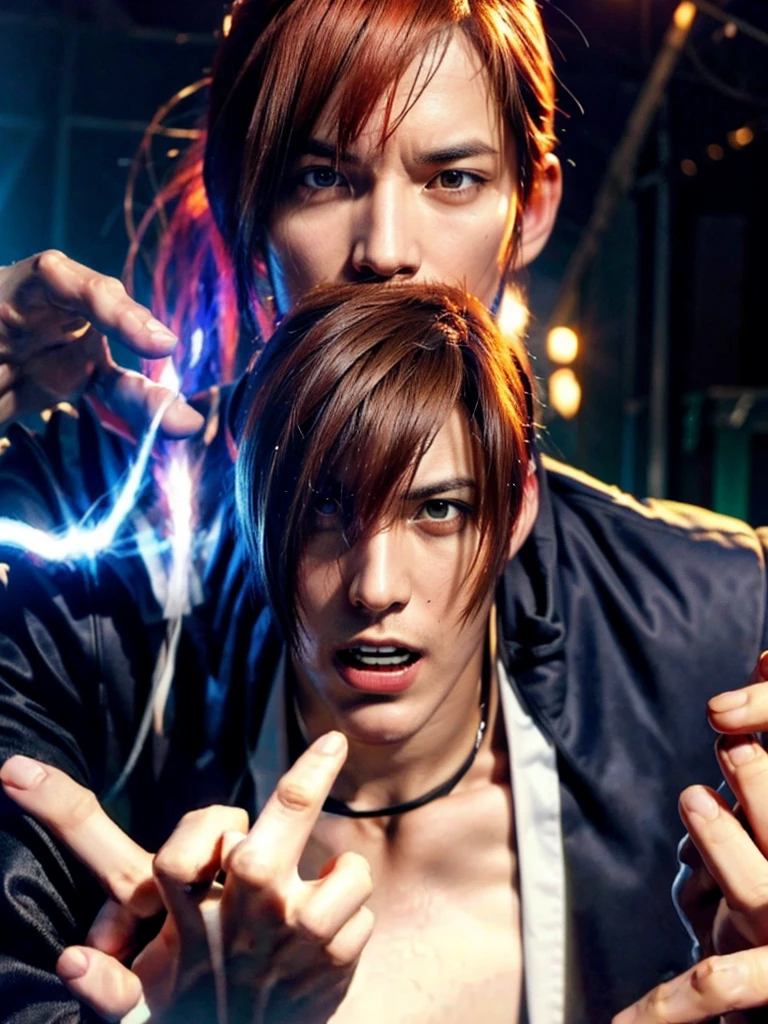 30 year old man, alone, alone, athletic, video game character, The King of Fighters, Iori Yagami, blue fire, moonlight, blank eyes, has dementia gesture, angry, enraged, has blood on his hands, beautiful character design, perfect face, looks at viewer (focusing on entire character), mouth open in fury, Light_Smile, official art, background 8k CG display, extremely detailed unit, perfect lighting, bright and colorful front lighting, glowing skin ( masterpiece: 1.0), (best quality: 1.0), ultra-high resolution, 4K, ultra-detailed photography, 8K, HDR, high resolution, nonsense: 1.2, Kodak portra 400, film grain, blurred background, bokeh: 1.2, lens flare , (vibrant_color: 1.2), professional photography, (beautiful_face: 1.5), (narrow waist)
