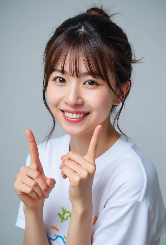 high resolution photo of a Japanese woman, highest quality, 32K, masterpiece, realistic, realistic photo, intricate details, highly detailed, highly detailed, highly detailed, sharp focus, professional lighting, detailed face, beautiful eye details, beautiful pupils, sophisticated nose , bright skin, smooth textured skin, big smile, hair tied slightly loose, (t-shirt that says "Opay"), (showing 2 fingers:1,5), perfect anatomy.