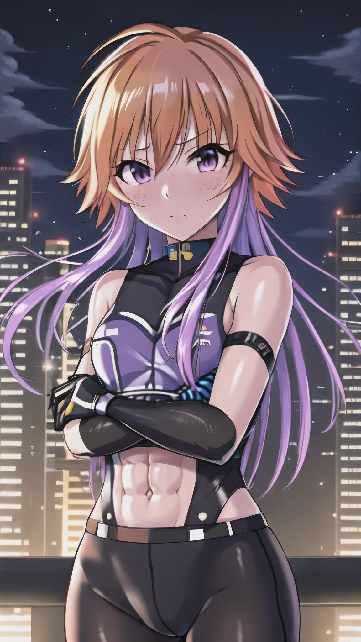  Kampala , Accurate,  Ultra-fine,   very detailed  , Asuka Ninomiya,Alone,   1 girl,  Orange Hair   ,Long Hair,bangs,   Purple Hair,   purple eyes,Painful face、 Tight clothing、 cowboy shots、 Combat Stance、 WATCH VIEWERS  、   Blue Hero Suit 、 bodysuit  、Tight Suit、((   trained abs  ))、（   Trained Biceps   ）、(  buildings:1.2)、Night view、 My face sweats excessively , 