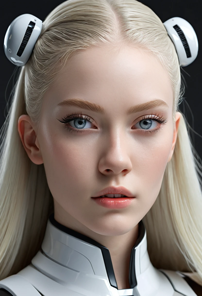 (Ultra Real), (figure), ( High resolution ), (8k), ( Very detailed ), (Best figure), ( detailed and beautiful eyes ), (  highest quality ), (super detailed), ( masterpiece), ( wallpaper ), ( detailed face),  This artwork must be hyper-realistic ,   capturing every detail with stunning clarity, Imagine uma clone trooper feminina, albino hair, Hair floating in the air, hair straight and long,  with a slender physique of a tall model , attractive and toned body , shiny gray black skin, sideways body at a horizontal angle . 