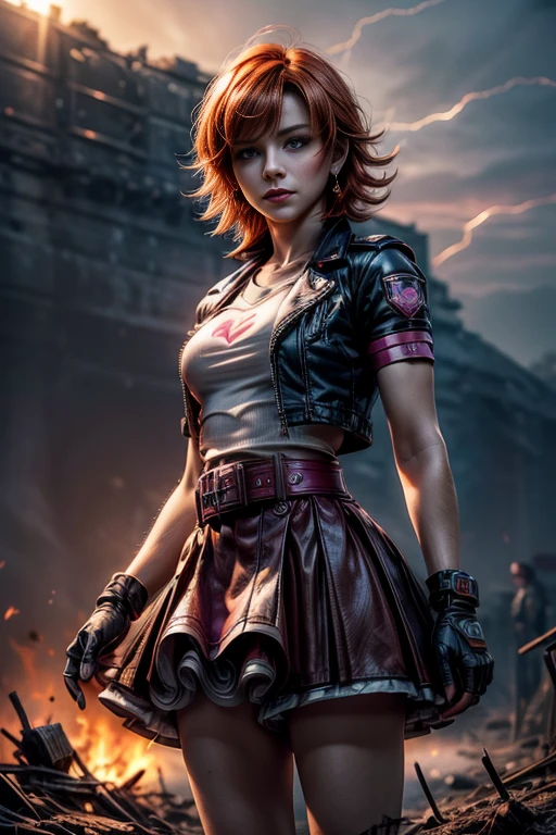 cowboy shot, beautiful (nora_valkyrie), looking at viewer, smiling, lips, short hair, blue eyes, orange hair, hoop earring, heart design on t-shirt, gloves, jacket, pink skirt, pink belt, short sleeves, puffy sleeves, single armband, fingerless gloves, black nail, dynamic pose, night, lightning, nora is standing in a valley, railway track leading to small distant town, bonfire, post-apocalypse, dystopian future, crowd, (crowd in military uniforms), bonfires, best quality, masterpiece, intricate details, tonemapping, sharp focus, hyper detailed, masterpiece, elegant face, beautiful face, highly detailed skin, skin pores, subsurface scattering, realistic pupils, full lips, detailed background, depth of field, atmospheric perspective, volumetric lighting, sharp focus, absurdres, realistic proportions, good anatomy, (realistic, hyperrealistic:1.4), 16k hdr,