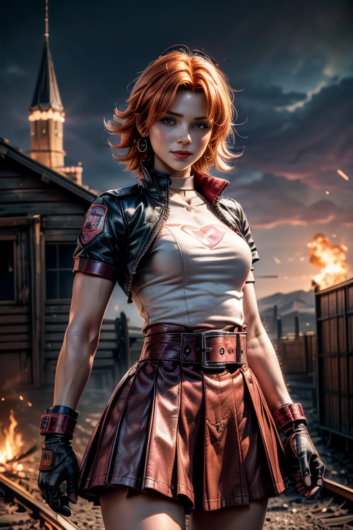 cowboy shot, beautiful (nora_valkyrie), looking at viewer, smiling, lips, short hair, blue eyes, orange hair, hoop earring, heart design on t-shirt, gloves, jacket, pink skirt, pink belt, short sleeves, puffy sleeves, single armband, fingerless gloves, black nail, dynamic pose, night, lightning, nora is standing in a valley, railway track leading to small distant town, bonfire, post-apocalypse, dystopian future, crowd, (crowd in military uniforms), bonfires, best quality, masterpiece, intricate details, tonemapping, sharp focus, hyper detailed, masterpiece, elegant face, beautiful face, highly detailed skin, skin pores, subsurface scattering, realistic pupils, full lips, detailed background, depth of field, atmospheric perspective, volumetric lighting, sharp focus, absurdres, realistic proportions, good anatomy, (realistic, hyperrealistic:1.4), 16k hdr,