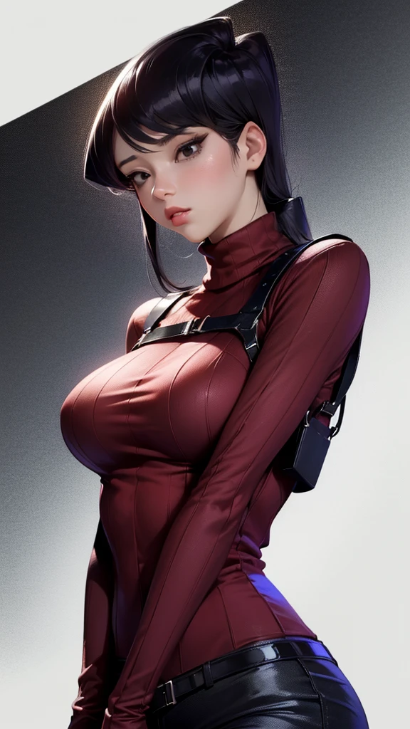 (masterpiece, best quality:1.2), expressive eyes, perfect face, highres, 1girl, solo, ((Komi Shouko)), adasweater, large breasts, ((red sweater)), turtleneck, harness, pantyhose, black gloves, belt, standing, parted lips, upper body, looking at the viewer,