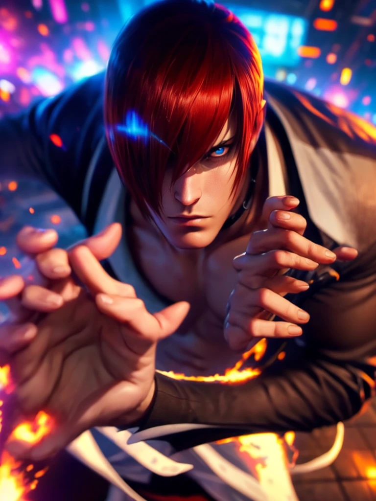 30 year old man, alone, alone, athletic, his hands and fingers are perfect, shows fury on his face with his eyes rolling and screaming, video game character, The King of Fighters, Iori Yagami, blue fire, moonlight, eyes blank, has gesture of dementia, angry, enraged, has blood on his hands, beautiful character design, perfect face, looks at the viewer (focusing on the entire character), mouth open in fury, Light_Smile, official art, background Screen 8k CG, extremely detailed unit, perfect lighting, bright and colorful front lighting, glowing skin (masterpiece: 1.0), (best quality: 1.0), ultra-high resolution, 4K, ultra-detailed photography, 8K, HDR, high resolution, nonsense: 1.2, Kodak portra 400, film grain, blurred background, bokeh: 1.2, lens flare, (vibrant_color: 1.2), professional photography, (beautiful_face: 1.5), (narrow waist)
