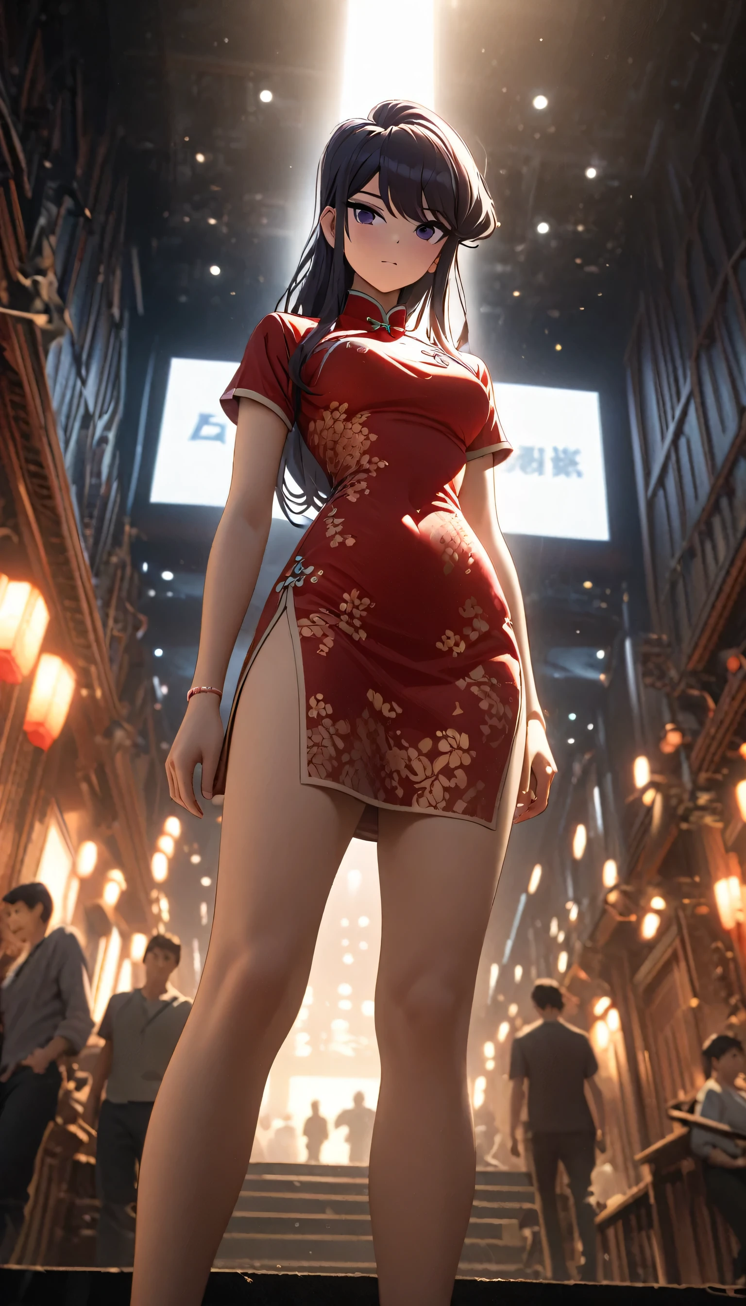 Cheongsam girl，Komi Shouko， long hair，pure white background，depth of field，low angle view，calf level view，Overclocked renderer，movie lighting，Ultra-fine，super detailed，complicated，cinematic perspective，CG art，