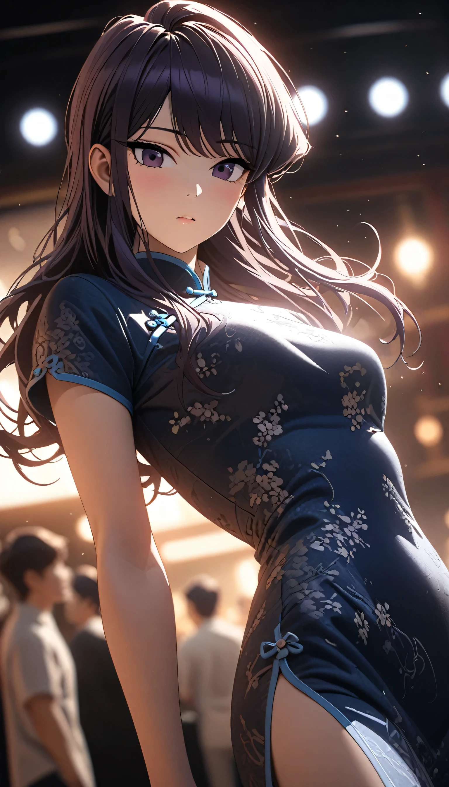 Cheongsam girl，Komi Shouko， long hair，pure white background，depth of field，low angle view，calf level view，Overclocked renderer，movie lighting，Ultra-fine，super detailed，complicated，cinematic perspective，CG art，