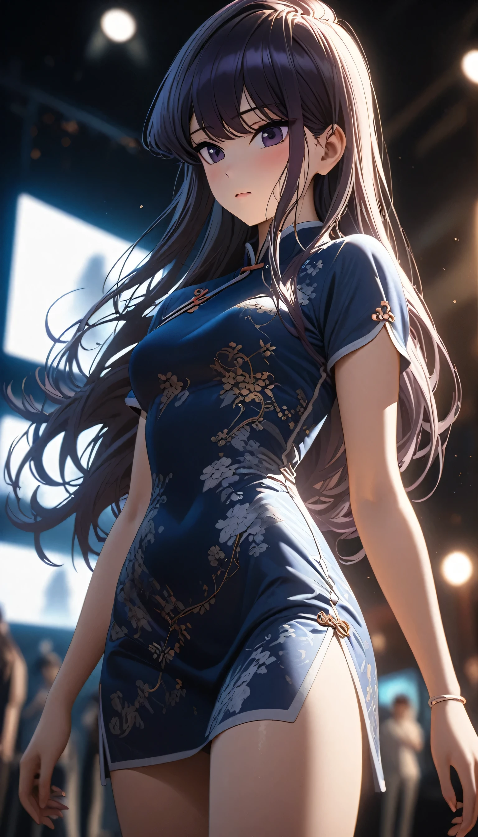 Cheongsam girl，Komi Shouko， long hair，pure white background，depth of field，low angle view，calf level view，Overclocked renderer，movie lighting，Ultra-fine，super detailed，complicated，cinematic perspective，CG art，