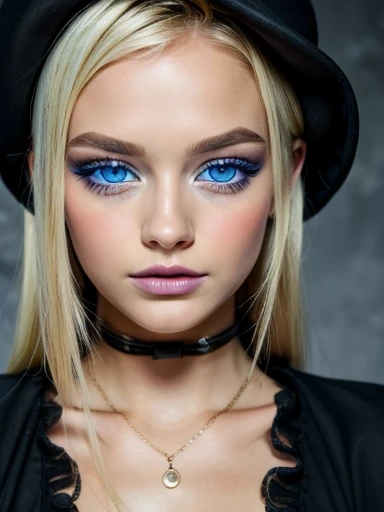 Cute face,  blue eyes, blonde, dark makeup 