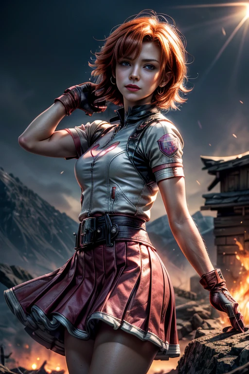 cowboy shot, beautiful (nora_valkyrie), looking at viewer, smiling, lips, short hair, blue eyes, orange hair, hoop earring, heart design on t-shirt, gloves, jacket, pink skirt, pink belt, short sleeves, puffy sleeves, single armband, fingerless gloves, black nail, dynamic pose, night, lightning, nora is standing on a mountain path, overlooking a small distant town, bonfire, post-apocalypse, dystopian future, crowd, (crowd in military uniforms), bonfires, best quality, masterpiece, intricate details, tonemapping, sharp focus, hyper detailed, masterpiece, elegant face, beautiful face, highly detailed skin, skin pores, subsurface scattering, realistic pupils, full lips, detailed background, depth of field, atmospheric perspective, volumetric lighting, sharp focus, absurdres, realistic proportions, good anatomy, (realistic, hyperrealistic:1.4), 16k hdr,