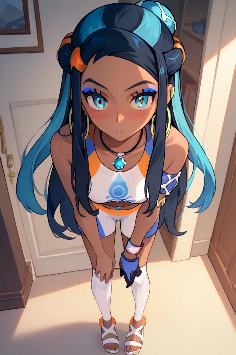 Best Quality, Masterpiece, ultra high resolution, NessaPXL, dark skin, colored skin, blue eyeshadow, blue eyes, black hair, blue hair, colored hair, long hair, hair bun, hoop earrings, small breasts, necklace, white crop top, sleeveless, single glove, white shorts, two-tone shorts, white sandals, look of satisfaction, blushing,, background indoors, medium breasts, standing, close up, ((leaning forward)), cleavage, downblouse, hair ornament, white leggings, long sleeves, miniskirt, pink skirt, looking at viewer