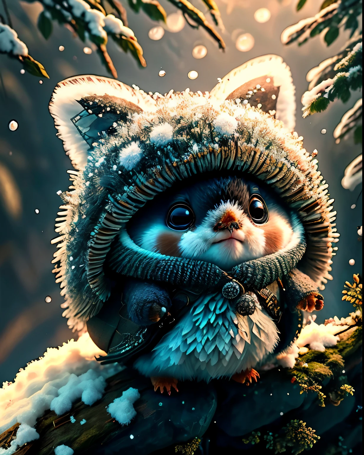 Highest quality、" 弓矢を背負うcute生き物たち. 、（Location: Forest ）,The season is winter、bird、Long-tailed Tit、  Details , In 8K、Highest quality、 cute creatures dressed as adventurers 、 medieval adventurer costume  、(((cute)))、