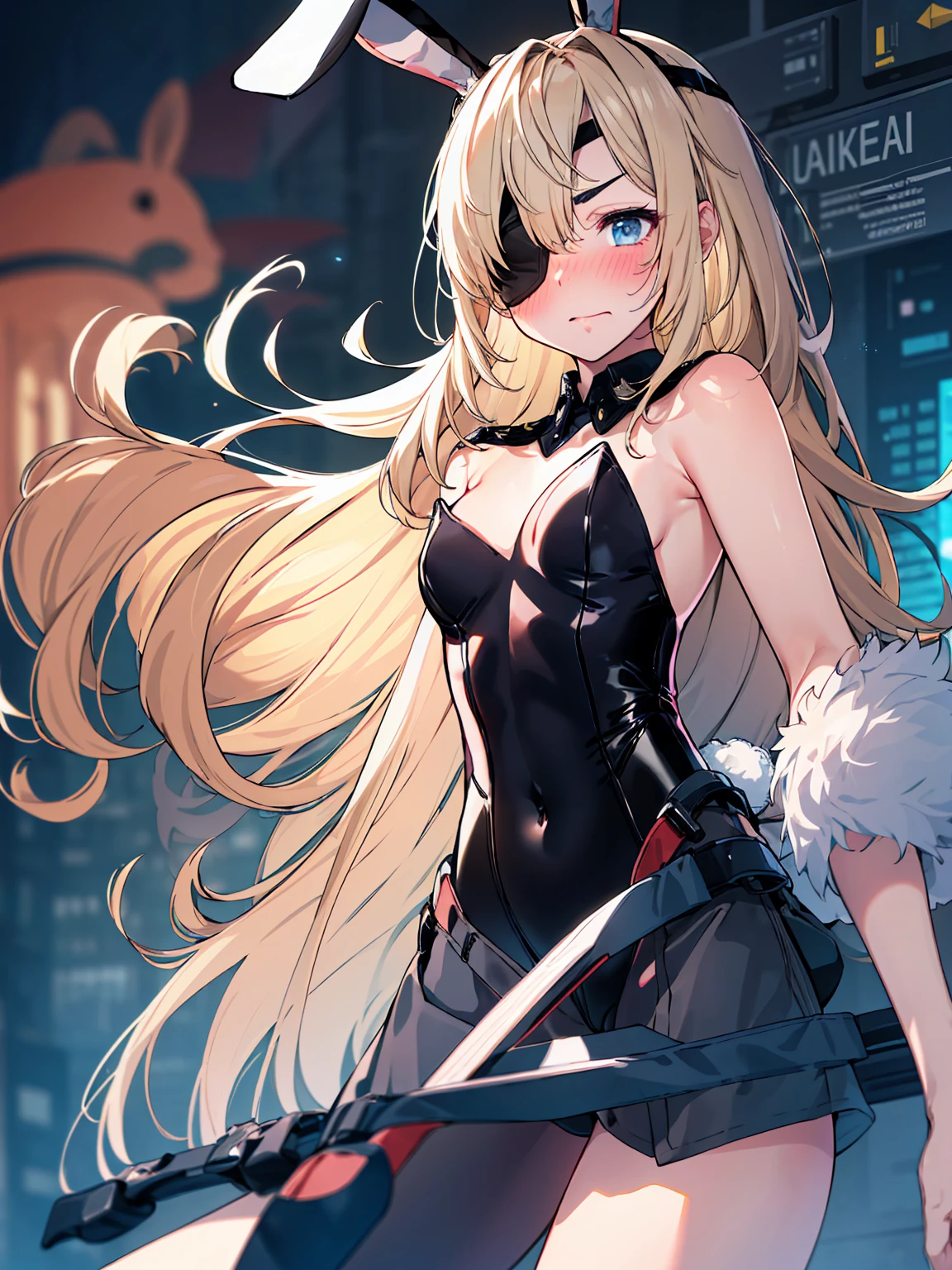 GuillotineNikke,TagLora,blonde hair,long hair,eyepatch ,right eye,skinny,flat chest,(leotard,Rabbit:1.3),(blush,embarrassed),masterpiece,Noise Reduction,perfect anatomy,high resolution, ultra-detailed,game cg,dutch angle ,beautiful detailed eyes,visualart,five fingers, perfect hands, perfect lighting,