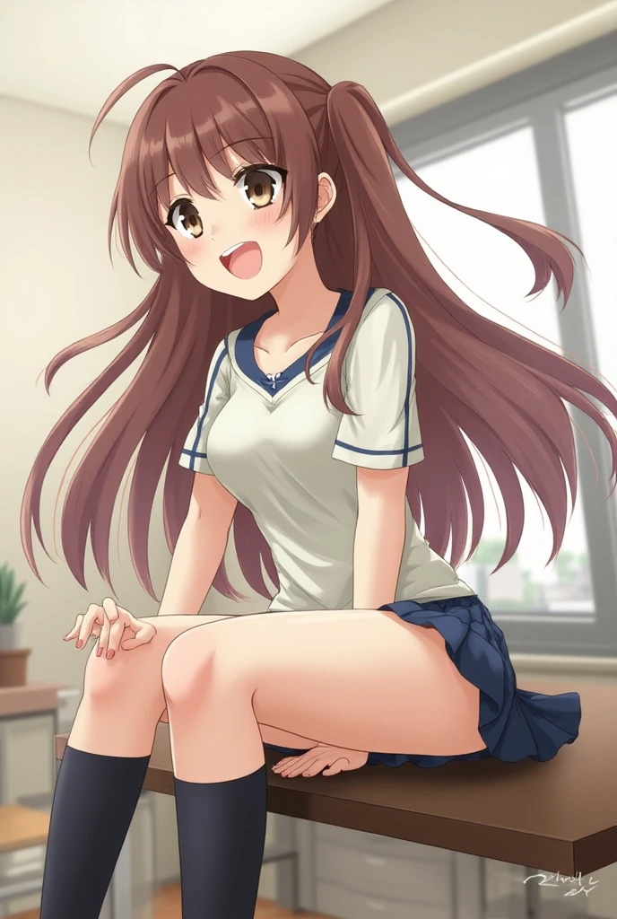 1 Female,High definition,high resolution,Ultra-realistic,8K, masterpiece, best quality, extremely delicate and beautiful, highres, original, serenitydm, long hair, brown hair, pink shirt, blue skirt, tight skirt, miniskirt, gray eyes, blue sneakers,European,sexy,Upper body close-up,Photographed from the front,Dynamic Angles,blush, medium tits, happy, wink the eye,facial, sweat,multicolored hair ,((nipples)),(wide thighs:1.4),(white panties),(show panties),(from behind),(huge ass),(show ass),(blush), detailed face