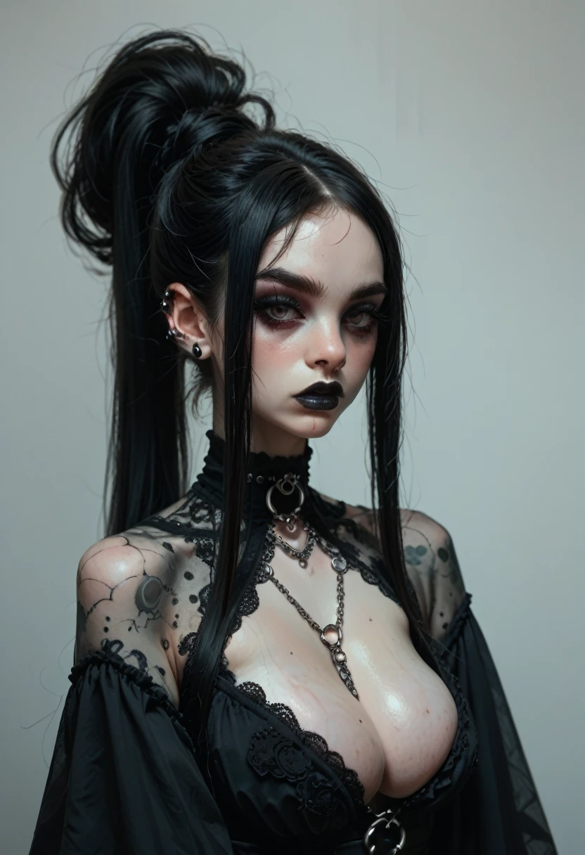 Naked gothic conjoined girl with twelves legs and three heads