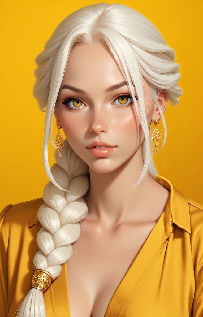 Yellow Background, Beautiful white-haired Russian woman with piercing gold eyes, long single braid, gold blouse, cleavage, upper body, face portrait, gold jewelry, 