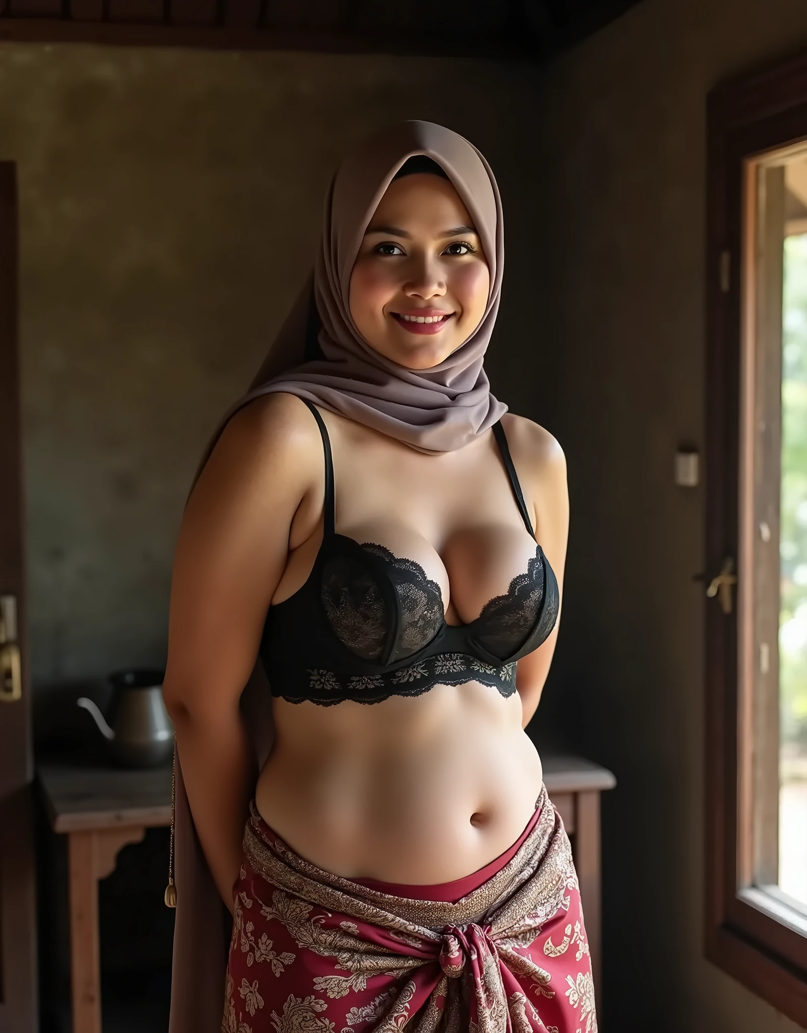 A 52 years old naked Malay woman in peach color hijab, sitting and smiling in the old wooden cabin in a dark forest, look to the viewer with eye close, dense pubic hair, darker skin, curvier body, short body