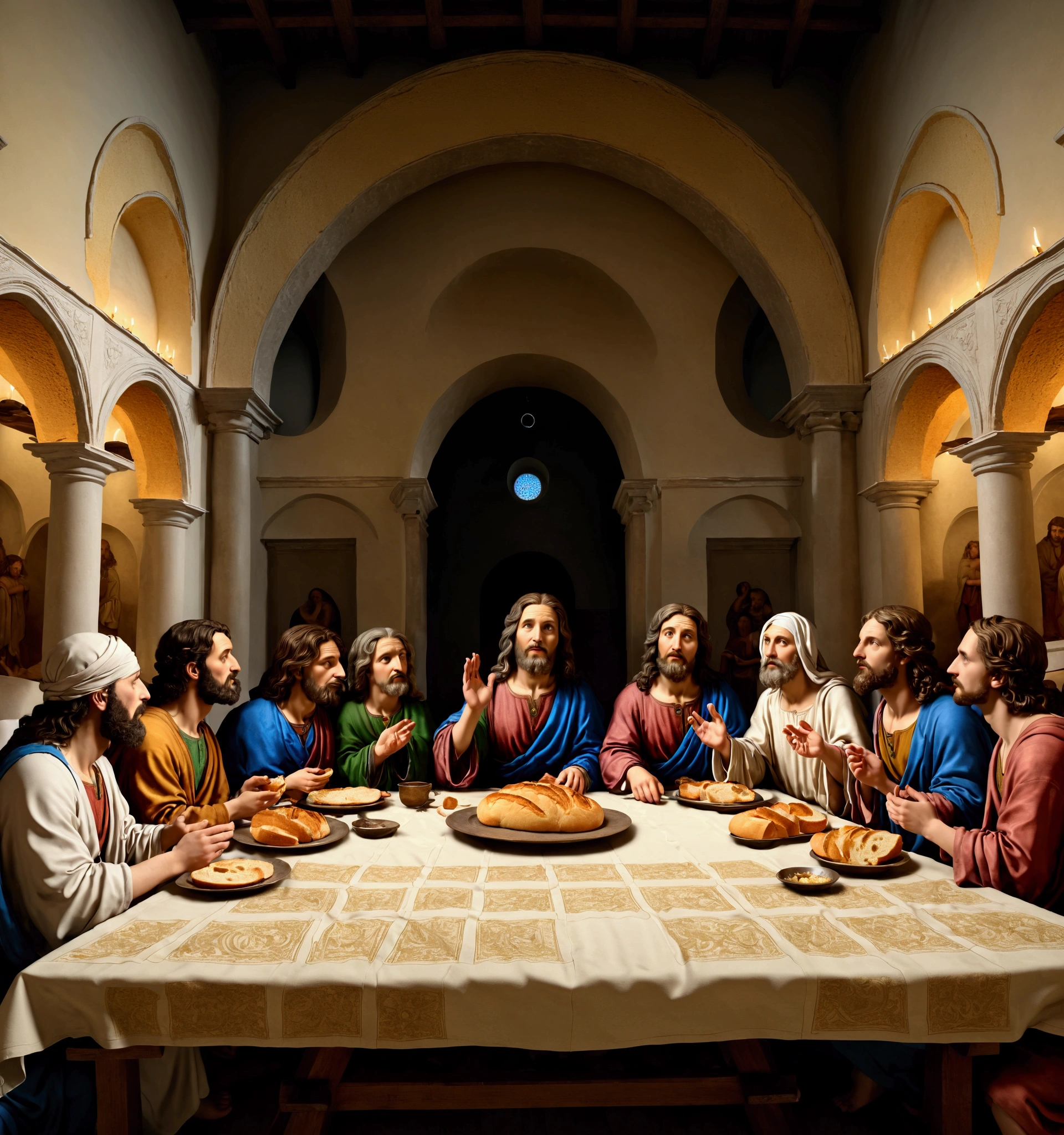 Leonardo da Vinci's The Last Supper, but (only 1slice of bread:1.3) on table, BREAK ,quality\(8k,wallpaper of extremely detailed CG unit, high resolution, top-quality, top-quality real texture skin, hyper realistic, increase the resolution, RAW photos, best quality, highly detailed, the wallpaper,golden ratio,high saturation realism, vibrant colors, dramatic lighting, persuasive storytelling, atmospheric scenery, captivating visuals, intricate details, strong emotions,dreamlike world\),close up bread