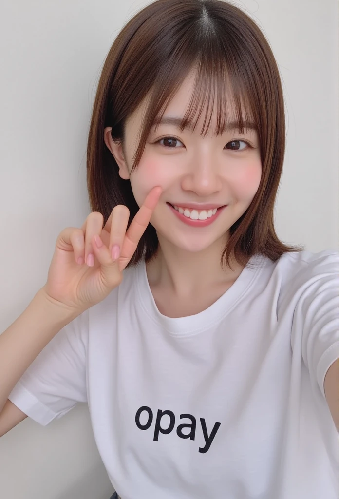 high resolution photo of a Japanese woman, highest quality, 32K, masterpiece, realistic, realistic photo, intricate details, highly detailed, highly detailed, highly detailed, sharp focus, professional lighting, detailed face, beautiful eye details, beautiful pupils, sophisticated nose , bright skin, smooth textured skin, big smile, hair tied slightly loose, (t-shirt that says "Opay"), (showing 2 fingers:1,5), perfect anatomy.