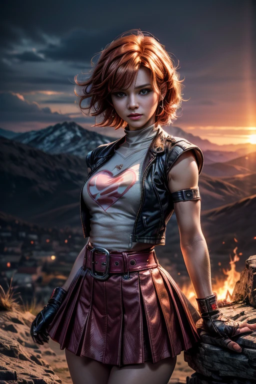 cowboy shot, beautiful (nora_valkyrie), looking at viewer, arms on hips, smiling, lips, short hair, blue eyes, orange hair, hoop earring, heart design on t-shirt, gloves, jacket, pink skirt, pink belt, short sleeves, puffy sleeves, single armband, fingerless gloves, black nail, dynamic pose, night, lightning, nora is standing on a mountain path, overlooking a small distant town, bonfire, post-apocalypse, dystopian future, crowd, (crowd in military uniforms), bonfires, best quality, masterpiece, intricate details, tonemapping, sharp focus, hyper detailed, masterpiece, elegant face, beautiful face, highly detailed skin, skin pores, subsurface scattering, realistic pupils, full lips, detailed background, depth of field, atmospheric perspective, volumetric lighting, sharp focus, absurdres, realistic proportions, good anatomy, (realistic, hyperrealistic:1.4), 16k hdr,