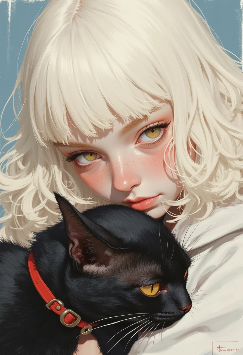 mj_animated_ portrait of an albino woman with pastel white hair ,  his peaceful and soft expression while caressing a sleeping furry black cat, The background is watercolor 