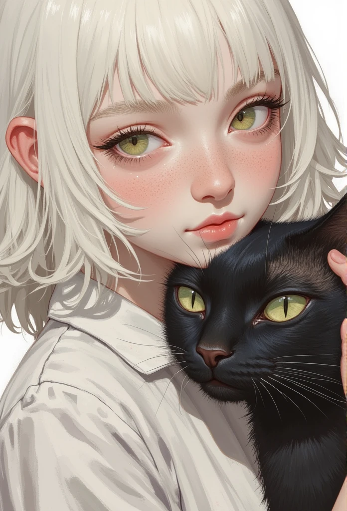 mj_animated_ portrait of an albino woman with pastel white hair ,  his peaceful and soft expression while caressing a sleeping furry black cat, The background is watercolor 