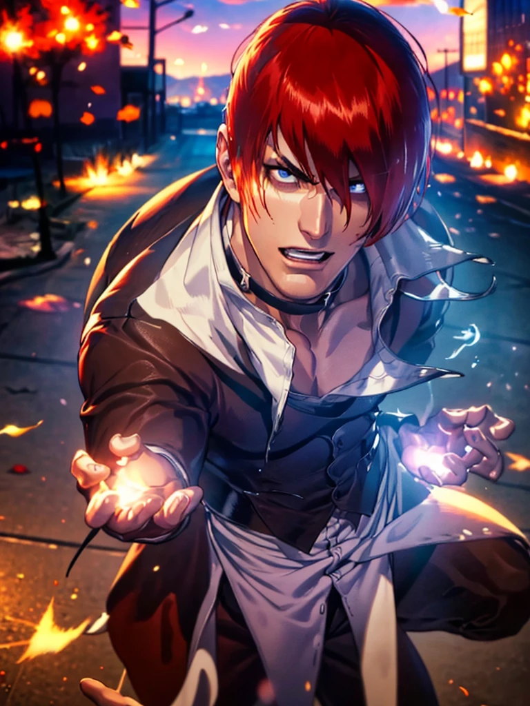 30 year old man, alone, alone, athletic, his hands and fingers are perfect, shows fury on his face with his eyes rolling and screaming, video game character, The King of Fighters, Iori Yagami, blue fire, moonlight, eyes blank, has gesture of dementia, angry, enraged, has blood on his hands, beautiful character design, perfect face, looks at the viewer (focusing on the entire character), mouth open in fury, Light_Smile, official art, background Screen 8k CG, extremely detailed unit, perfect lighting, bright and colorful front lighting, glowing skin (masterpiece: 1.0), (best quality: 1.0), ultra-high resolution, 4K, ultra-detailed photography, 8K, HDR, high resolution, nonsense: 1.2, Kodak portra 400, film grain, blurred background, bokeh: 1.2, lens flare, (vibrant_color: 1.2), professional photography, (beautiful_face: 1.5), (narrow waist)
