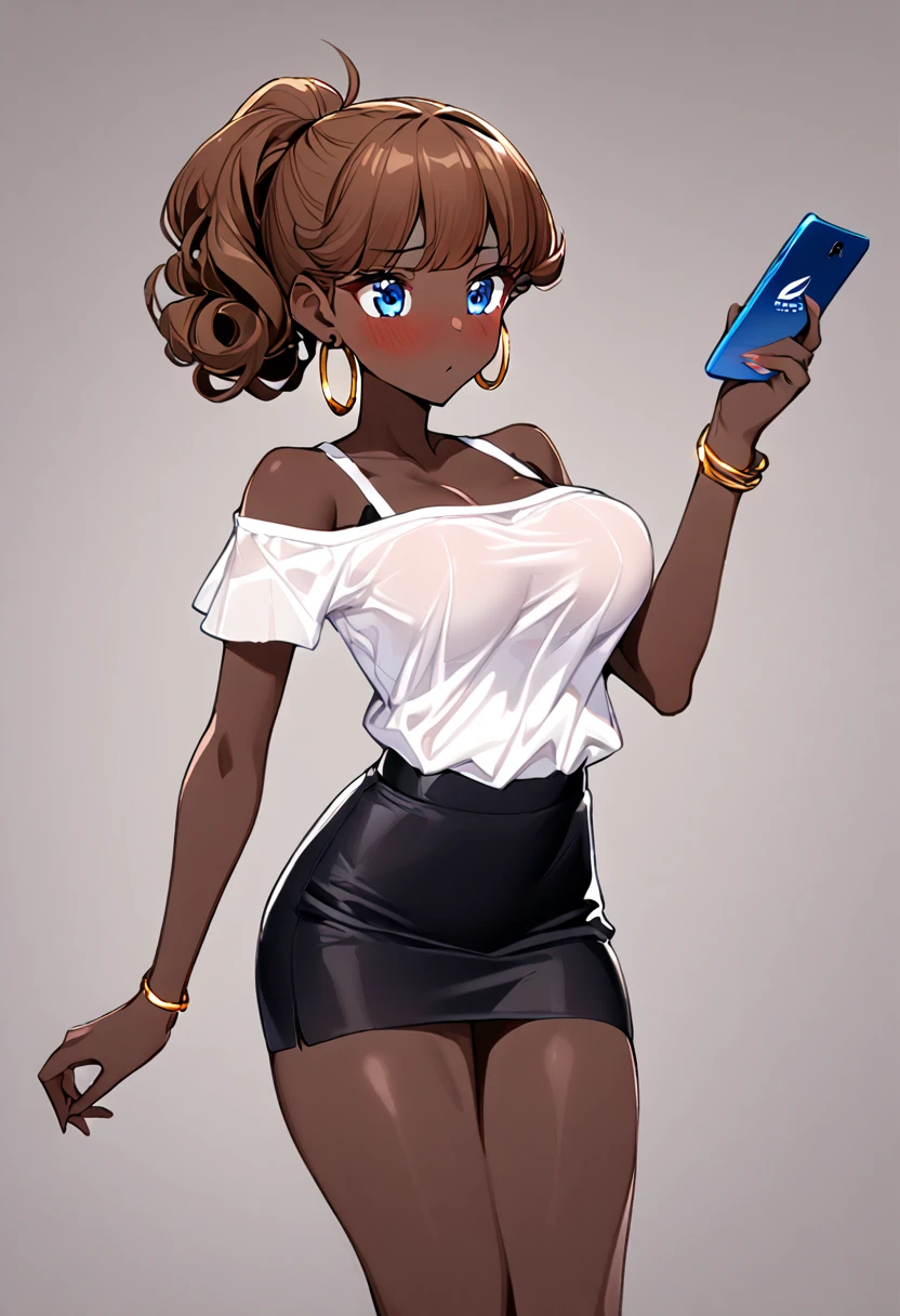 1girl, curly brown hair, very dark skin, round breasts, Marry Jane black shoes, short black skirt, off the shoulder white shirt, holding up cellphone, hoop earrings, gold bracelets, soft pink slips hair up in a high ponytail, blush, blue eyes
