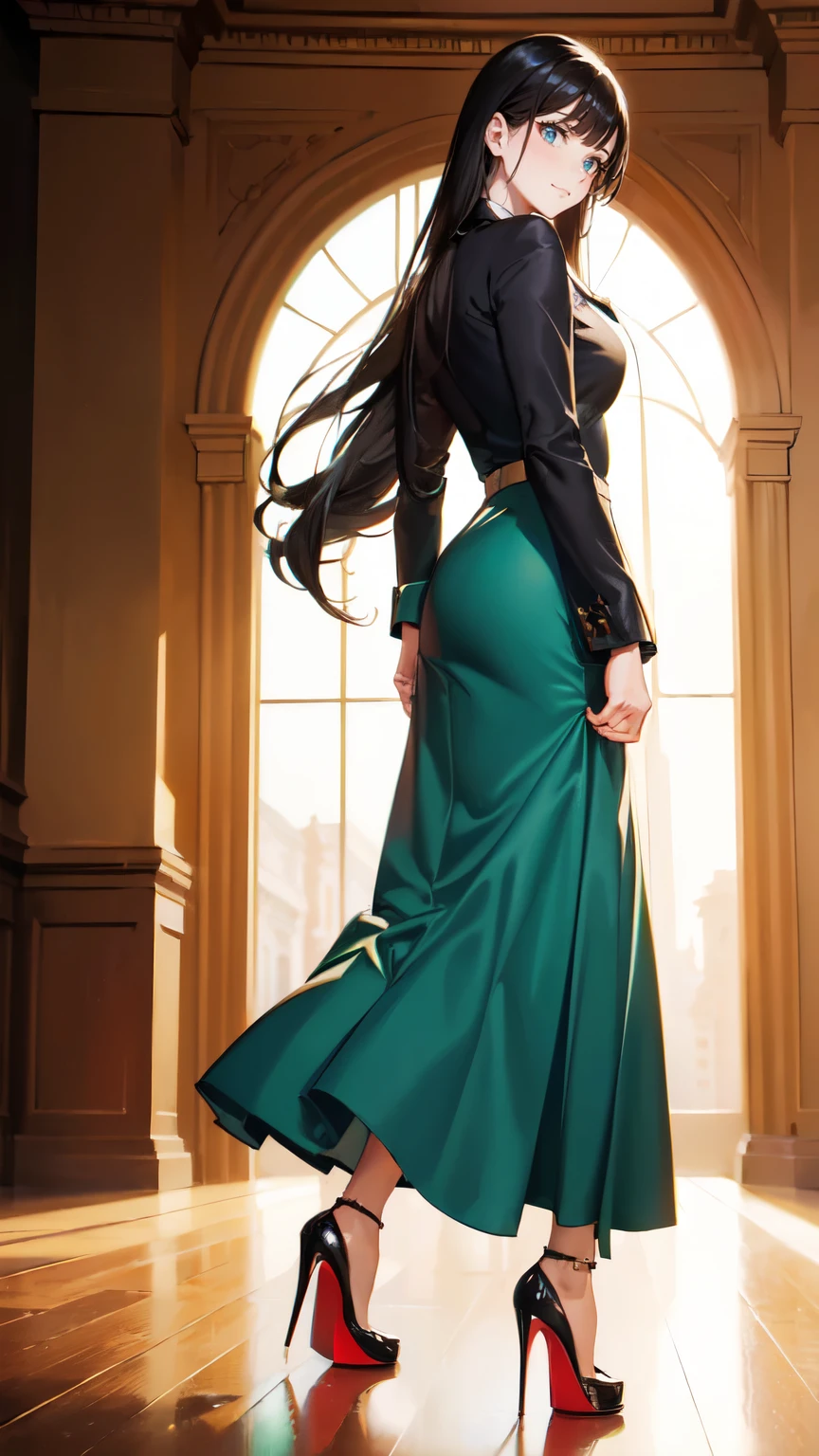 ((masterpiece, high resolution, better quality, better details)), ((Smiling)), ((one girl)) a girl standing, full body, maxi green skirt, blouse,((louboutin high heels)), green eyes , ((black hair, long hair)), shiny skin, solo, full body, from behind, focus full body, high heels, in office, working secretary