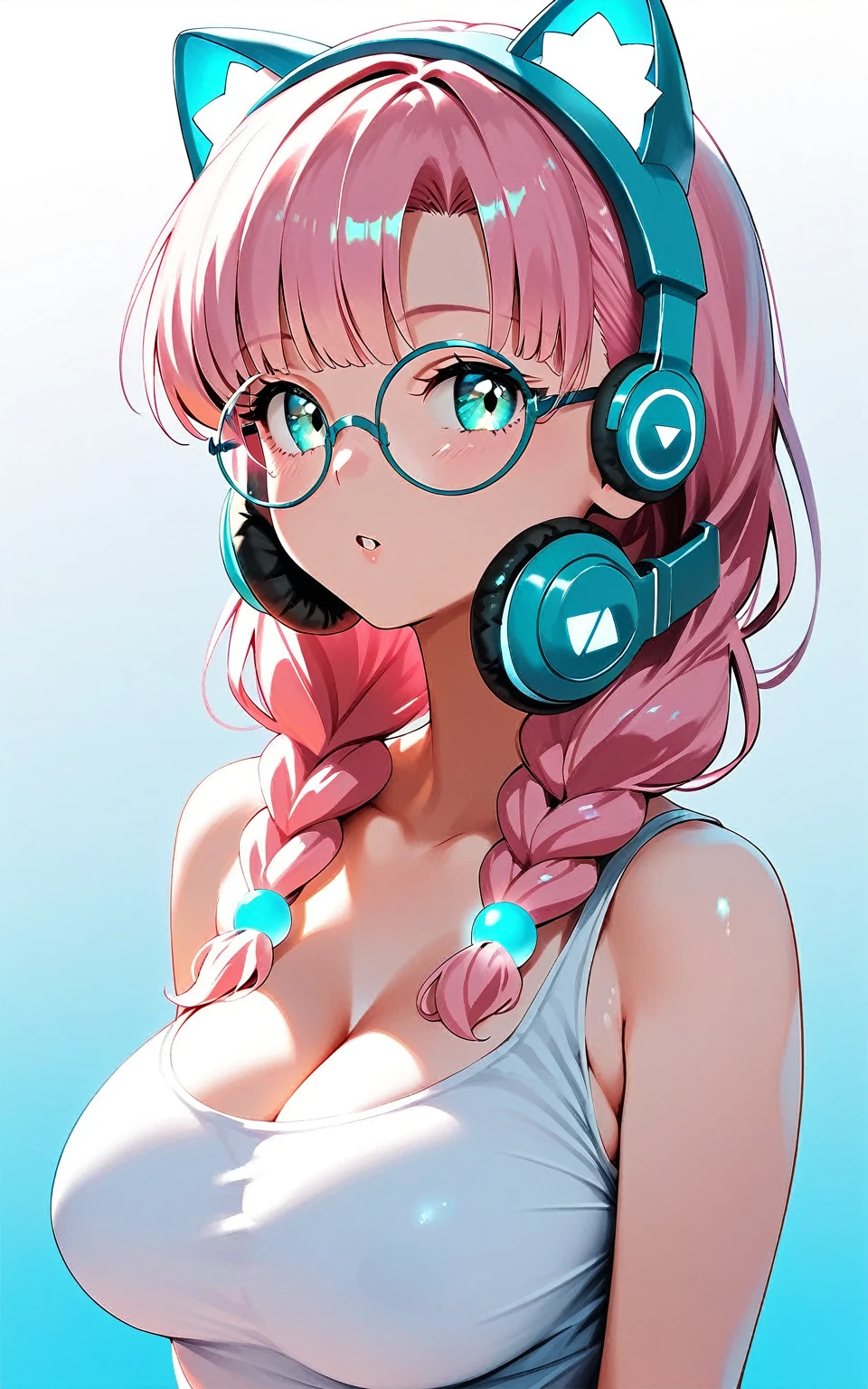 (best quality:1.2), (ultra-detailed:1.2), (2.5D:1.2), (Anime Moe Art Style), 1girl , pink hair, Cyan eyes, gradient eyes, twin braids, blue Glowing cat ear headphones, black round glasses, large breasts, retro