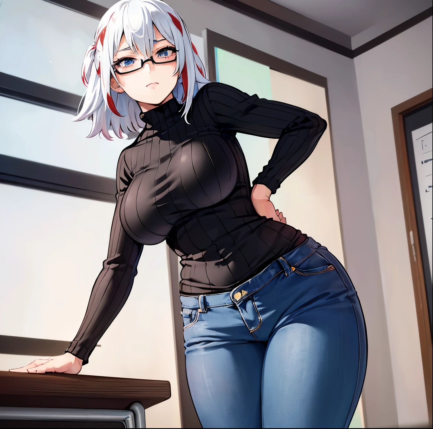 ((1girl)),((alone)),fuyumi todoroki, \( Boku no héro académia\),(masterpiece), (best quality), (ultra detailed), (best illustration), (best shadow), ( absurdities), sharp focus, cowboy shot, atmospheric perspective, depth of field, dynamic posture, ((looking at viewer)), large breasts, narrow waist, wide hips, medium thighs, round butt, erotic, romantic, (very detailed, lips 1.1), very detailed eyes, eyes, Very detailed face, Very beautiful face, Symmetrical face, Aesthetic face, perfect face, perfect eyes, detailed eyelashes: 1.5), full height, beautiful slim figure, femininity, apathetic look, big elastic breasts, sexuality, breasts, short hair, blue eyes, big breasts, long sleeves, closed mouth, white hair with red streaks, multicolored hair glasses, black sweater, streaked hair, turtleneck, feathers, half-rimmed glasses, sweater ribbed, underwire glasses, turtleneck sweater, black sweater, denim jeans, skinny jeans, hand on hip, curves, defined body, perfect and beautiful body, perfect and beautiful, sympathetic look, closed mouth, ((expression calm)),(sexy pose: 1.2), standing :1.3,((solo)),((inside, school, classroom, desks, table, blackboard, window, sunset)), Looking forward,(( focus on hips:1.4)), point of view:(from below), perfect anatomy, perfect hands