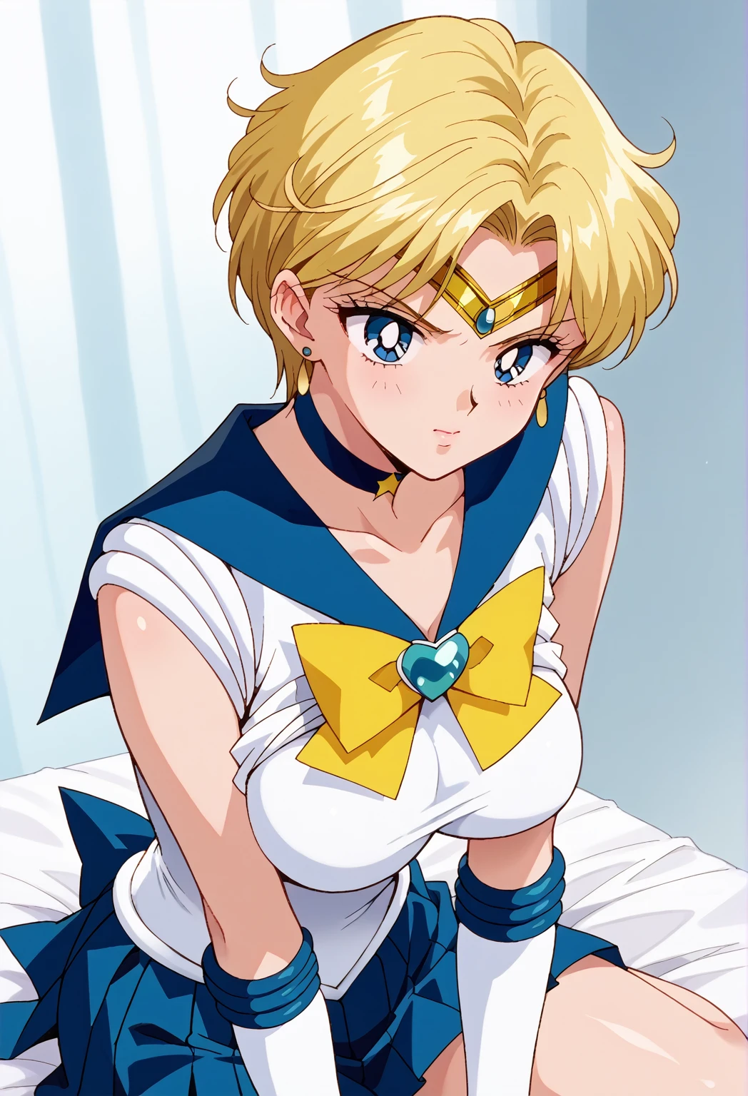 score_9, score_8_up, score_7_up, score_6_up, score_5_up, score_4_up, rating_questionable, source_anime, digital illustration, pixiv, official art, BREAK nsfw, 1 girl, cute, solo, Haruka Tenou, blonde hair, blue eyes, parted bangs, short hair, very short hair, (large breasts), blue choker, blue gemstone, blue sailor collar, yellow bow, yellow bowtie, circlet, earrings, gem, jewelry, blue skirt, miniskirt, pleated skirt, short white shirt, sleeves, elbow gloves, white gloves, (shirt lift, clothes lift), upper body, sitting, (beautiful breasts, beautiful skin), sailor uranus, 