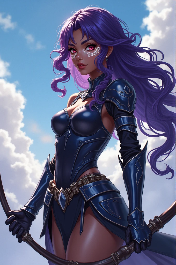 anime art style of a black woman with crimson red eyes and her pupils are white in the shapes of flowers. her hair is in a braid that reaches her shins. she has violet curly hair in a long BRAID. she’s wearing a knight’s armor. standing amidst clouds. over her eyes, she has intricate swirly white patterns that almost make it look like a blindfold, but it’s only on her skin (not in her hair). very beautiful. she uses a bow and arrow.